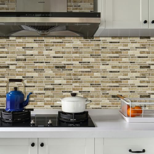 Stick on Tiles Mustard Yellow Marble Tile Stickers for Kitchen Bathroom Cupboard Decoration PVC Waterproof Oil Proof Peel and Stick Self Adhesive Wall Tiles 12x24.6 cm/48 Pcs