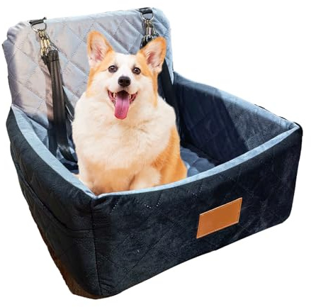 Hundbilstol för medelstora hundar, hundstol bil baksäte, tvättbar hundbädd bil baksätet med tjock kudde, upp till 15 kg, med 2 säkerhetslinne, för baksätet (45 x 45 x 35 cm, svart och grå)
