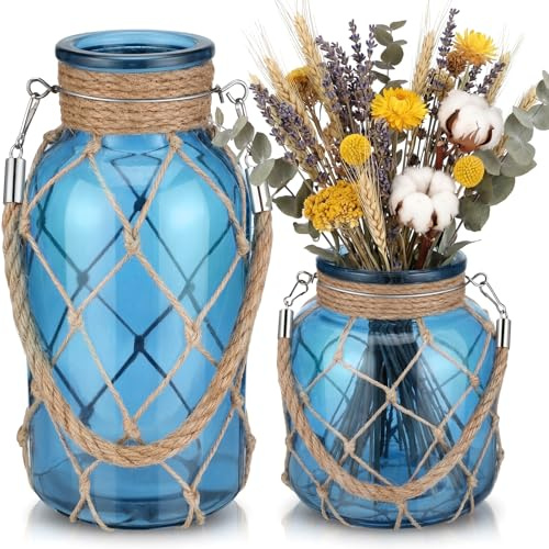 Acellegic Set of 2 Coastal Vase Dark Blue Glass Vase with Rope Rattan Hanging Mason Jar Wicker Boho Farmhouse Coastal Decor Sea Beach Bottle for Arrangement Wedding Party Table Decorations