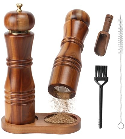 AWBEOT 2 Pezzi Macina Pepe Manuale Macina Sale e Pepe Legno Macinapepe Manuale Set con Vassoio e Pennello Grinder per Spezie, Sesamo, Peperoncino, 22 cm
