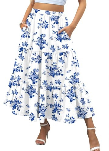 Zeagoo Gonna Lunga da Donna Maxi Gonne Elegante Maxi Gonna a Vita Alta con Tasche Casual Gonna da Spiaggia Semplice con Tasche Floral Bianco M