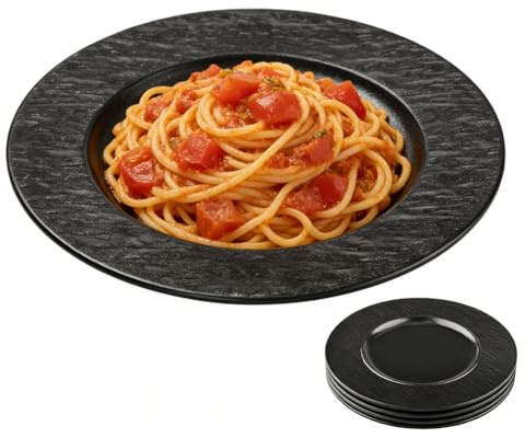 CEWROM Juego de 4 platos llanos de color negro, 21,5 cm, platos llanos de melamina, platos de ensalada para barbacoas, desayunos, almuerzos y cenas