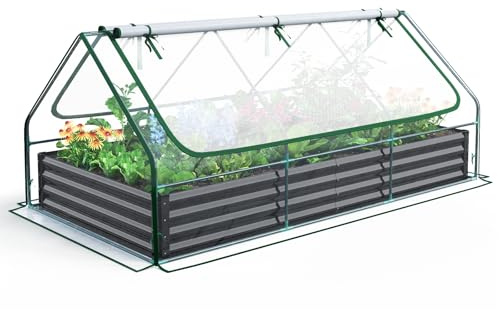 Quictent Jardineras Elevadas de Metal Galvanizado con Cubierta de Mini Invernadero, Macetero 3 en 1 Grande para Jardines, Patios y Terrazas, 240x120x30cm
