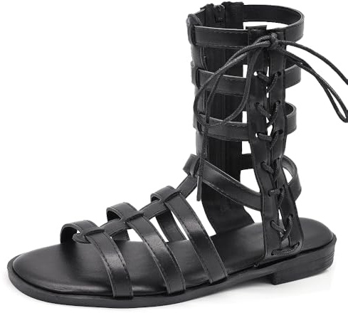 IF Sandali Gladiatore Donna alla Schiava, Stivaletti Estivi Aperti con Cinturini e Lacci, Chiusura Zip Posteriore, Sandali Romani Bassi C825 nero N.38