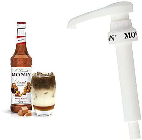 MONIN Premium Caramel Syrup 700 ml & 10 ml pump for 1 L PET and 25 cl MONIN Premium Syrup bottles