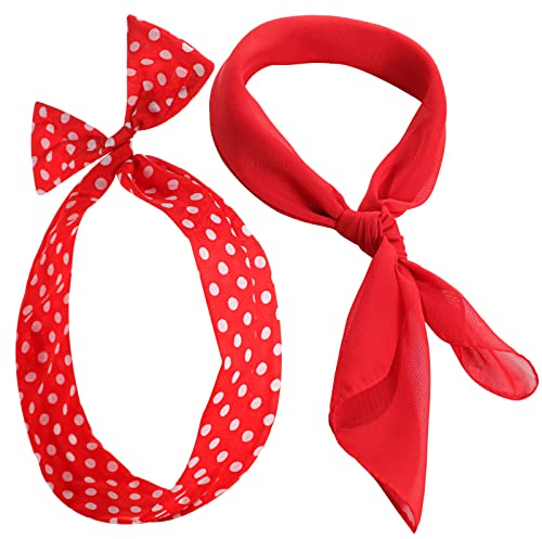SATINIOR 2 Stück 50er Jahre Kostüm Set Damen Quadratisch Chiffon Halstuch Polka Punkt Stirnband Haarband Halloween Retro Bandana (Rot)