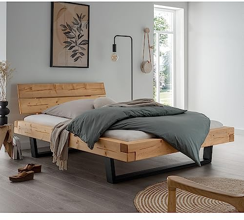 Lomadox Doppelbett Ehebett Bett Echtholz Massivholz, 140x200 cm, Fichte massiv, Holzkopfteil, Schwarze Metallkufen, B/H/T ca. 158/88/228 cm