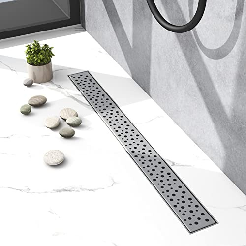 Biubiubath Edelstahl Duschrinne 90cm, Siphon mit Geruchsstop, Haarsieb Duschablauf, Bodenablauf für Badezimmer, Komplettset mit Bodenbefestigung - Kreise