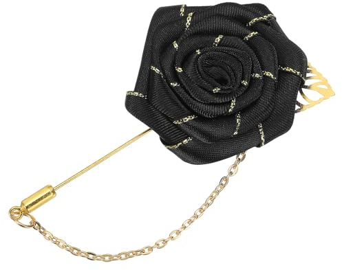 QUARKZMAN Pin de Solapa para Hombres, Tamaño: 4cm, Broche de Flores Rosa de Aleación de Tela de Traje con Hoja de Oro y Ribete/Cadena de Borla para Novio Boda 1 Unidad Negro