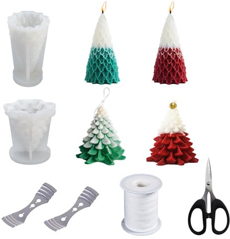 CONNECTION 2 Pcs Christmas Candle Moulds Silicone Candle Molds Set with 1 Roll Candle Wicks Metal Candle Wick Holder Scissors 3D Christmas Tree Candle Moulds for Candle Making Decoration Home Crafts