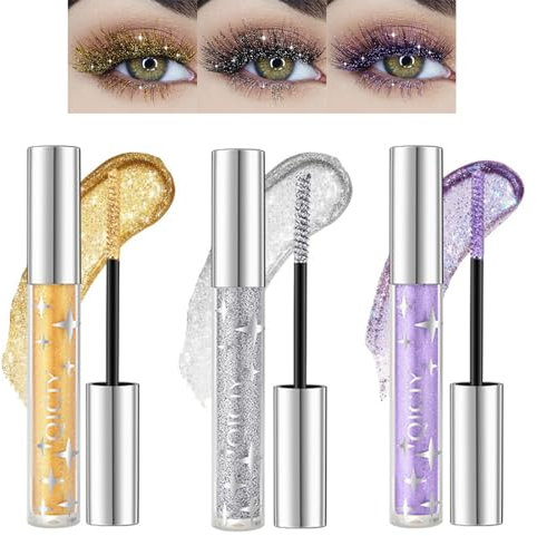 Mrettick Mascara glitterato in 3 colori, impermeabile, a prova di sbavature, voluminoso, per feste e trucco da palcoscenico