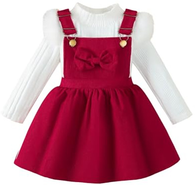 UUAISSO Vestiti per Bambine Maniche Lunghe Maglia a Coste Fiocco Velluto a Coste Gonna con Bretelle Abiti Rosso 4-5 Anni