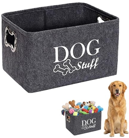 Nocecfi Puppy Toy Box Storage Basket, Felt Stuff Storage Baskets with Designed Metal Handle, Collapsible Pet Supplies Storage Basket, Dogs Toy Storage Baskets for Pets Toys Clothes (Dark Gray)
