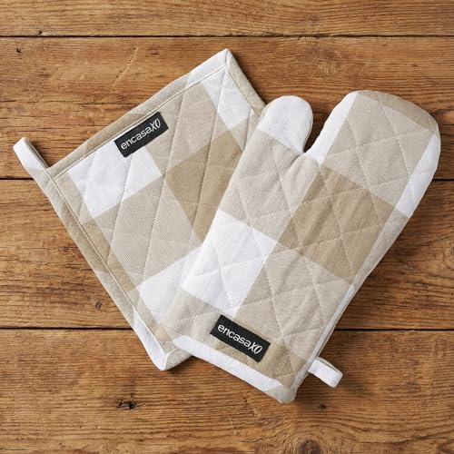 Encasa XO Heat Resistant 100% Cotton Oven Glove & Potholder Set with Loop, Kitchen Cooking Mittens, Microwave Safe Hot Pads - Buffalo Beige Checks, 18x30 cm, (Pack of 2)