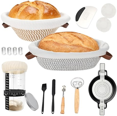 KBIBCK Sourdough Starter Kit, 9 Inch Round & 10 Inch Oval Bread Proofing Basket Set, Bread Baking Supplies with Starter Jar, Cloth Liner, Bread Lame, Dough Whisk, Scrapers & Brush for Baking Lover
