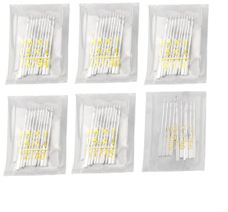 Set di aghi per macchina da cucire, 60 pezzi in 6 misure 65/9 75/11 80/12 90/14 100/16 110/18 per macchine da cucire domestiche, aghi in lega di ferro resistenti per tessuti sottili e spessi, incluso