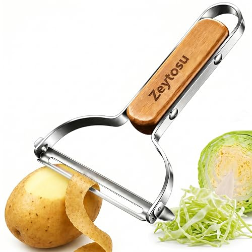 Wide Vegetable Peeler & Cabbage Shredder, Stainless Steel Y Peeler with Ergonomic Wooden Handle for Preparing Coleslaw, Cabbage, Potatoes, Courgette, Pumpkin & Squash