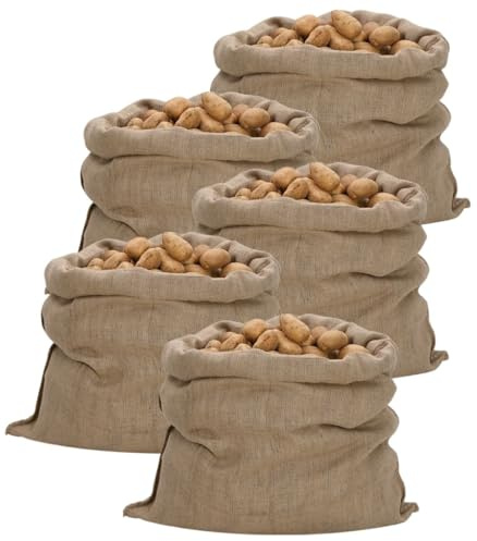 Ziaphsol Jutesäckar 5 stycken av 100 % jute 100 x 110 cm, 340 g/m², för förvaring av grönsaksrötter, nötter och frukter samt transport och växtskydd