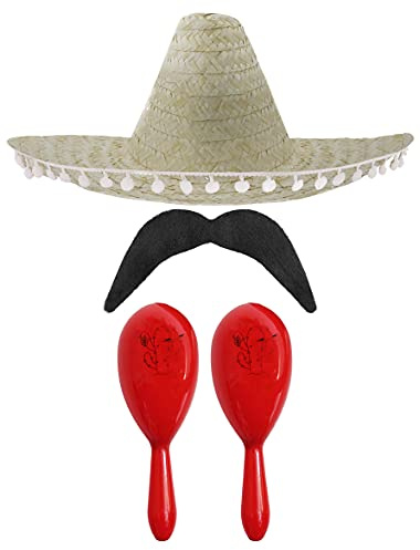MEXIKANSK FANCY TRÄDGÅRDSTILLBEHÖR - MEXIKAN SOMBRERO MED MARACAS OCH TASH - Perfekt för XIKANSKA FANCY DRESS KLÄNNINGSOMBRERO + 2 X RÖD MARACAS)