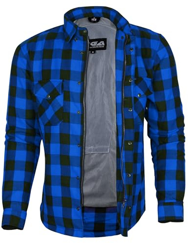 Bikers Gear Australia Motorcycle Kevlar Aramid Lined Protective Flannel Shirt, Blue/Black with CE 1621-1 Removable Armour Size 2XL