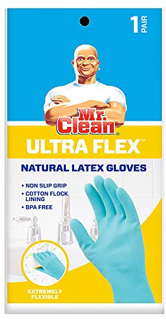 Mr. Clean Ultra Flex Reusable Latex Cleaning Gloves with Non-Slip Grip, Large, Blue