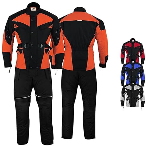 Motorradkombi Herren 2-teiler mit 6CE-Protektoren Motorradanzug Textil Winddicht Motorradjacke & Motorradhosen-Set - aus 4 Schichten Abnehmbar Thermofutter - insgesamt 9 Taschen - Orange/Schwarz - 56