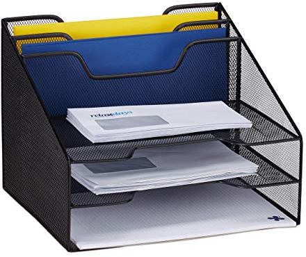 Relaxdays Dokumentenablage, Tischorganizer mit 5 Fächern, Metall, Dokumentenhalter & Briefablage, 24x32x29 cm, schwarz