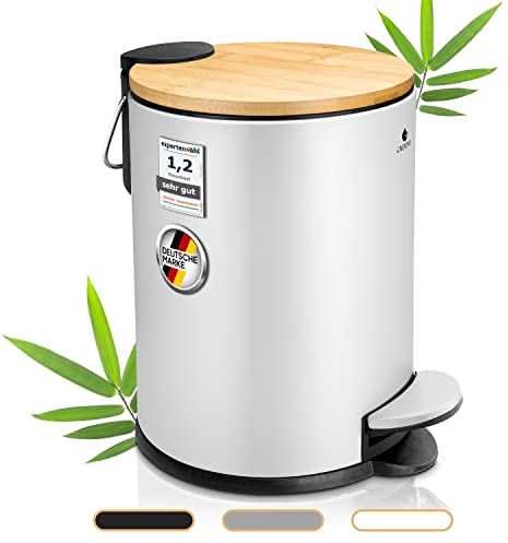 Exitoso kleiner Mülleimer Bad weiß - Kosmetikeimer 3L Bambus rutschfest - Tretmülleimer Bad Edelstahl mit Softclose Deckel - Badmülleimer Kosmetikeimer weiß Bad Mülleimer Badezimmer WC Eimer