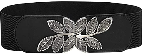Women's Stretchy Belt for Dress Vintage Wide Gold/silver Leaf Buckle Waist Belts for women Elastic Waistband