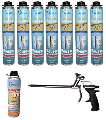 DSTOCK60 - LOT DE 7 MOUSSES PISTOLABLES + 1 PISTOLET + 1 NETTOYANT - MOUSSE EXPANSIVE 750 ML - MOUSSE POLYURÉTHANE PROFESSIONNELLE - ISOLE, COLLE ET REBOUCHE - EXTÉRIEUR ET INTÉRIEUR