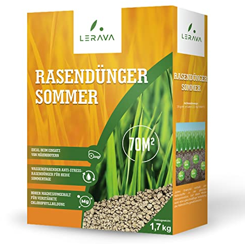 LERAVA® Engrais gazon été (70m²) - Nutrition équilibrée pour pelouse verte et dense - anti mousse gazon granulés riche en azote - Croissance résistance à la sécheresse - Idéal entretien pelouse jardin