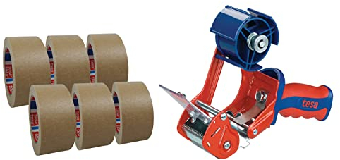 6 Rollen tesa 4713 Papier Packband + tesa 6400 Handabroller | Papierklebeband + Packband Abroller