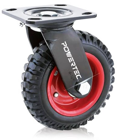 POWERTEC 6 Inch Caster Wheels, Heavy Duty Swivel Plate Casters with Rubber Knobby Tread for Workbench, Dolly, Cart, Trolley, Wagon and Chicken Coop, Large Rubber Castor Wheels, 1PK (17050V)