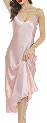 Lovasy Camicia da Notte in Raso Donna Sexy Sottoveste Lunga Seta Babydoll Spalline Regolabili Vestaglia con Scollo a V,Rosa XL