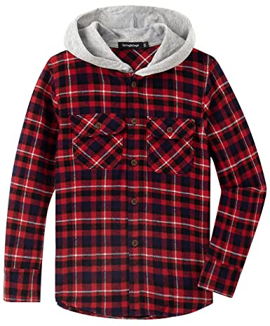 Spring&Gege Sudadera con capucha de manga larga a cuadros para niños, botón de abajo, camisa de franela para niños, rojo, 13-14 años