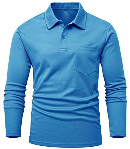 Rdruko Long Sleeve Polo Shirts for Men Breathable Wicking Quick Dry Casual Work Golf Tops with Chest Pocket Azure Blue L