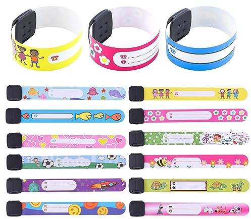 12 stycken barn-ID-armband, anti-förlorad säkerhet för små pojkar och flickor, återanvändbara och vattentäta, SJBAUTYO