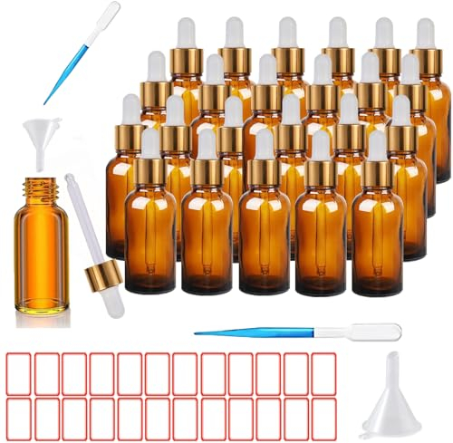 ToKinCen 24 PCS Amber Pipette Dropper Bottle 30ml, with Glass Eye Dropper Pipettes for Storage, Essential Oils, Perfumes, Aromatherapy, Pigmentation, Reusable
