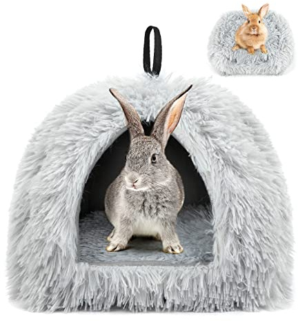 Sbayool Calming Rabbit Bed House, Cozy and Warm Rabbit Hideaway Guinea Pig Bed House with Movable Pad for Rabbits Guinea Pigs Hedgehogs Ferrets and Other Small Pets, Grey