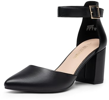DREAM PAIRS Zapatos de tacón Alto con Punta Cerrada para Mujer, con Correa en el Tobillo, Ideales para Bodas, oficinas y Fiestas, 3 Pulgadas,Size 38,Negro-PU,SDPU2430W