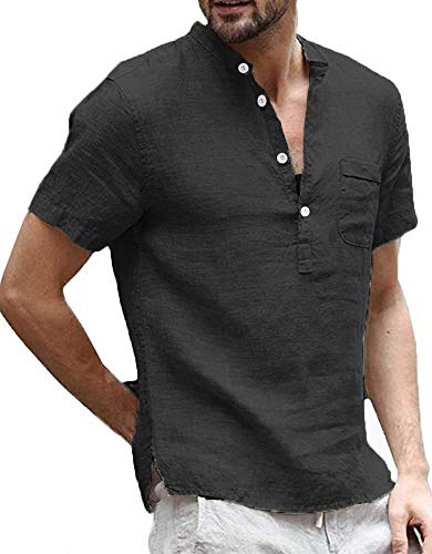 Runcati Men's Linen Shirt Henley Shirt Men's Short Sleeve Casual Shirt Summer Shirt Business Shirts for Men