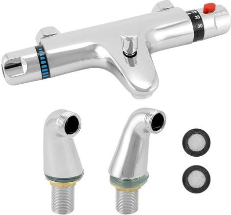 QWORK® Grifo ducha termostatico, salida de válvula G1/2 , izquierda caliente derecha fría, mezclador de ducha de latón, con pie de entrada de agua