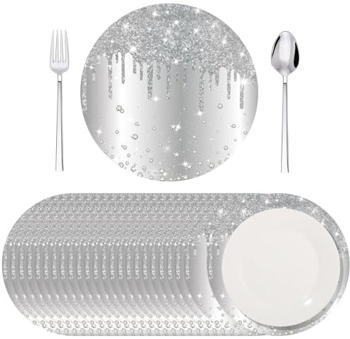 Dispowreath 120 Pieces Silver Paper Placemats 13 Inch Glitter Diamonds Round Disposable Table Mats Decorative Paper Mats for Dining Wedding Birthday Silver Glitter Banquet Party