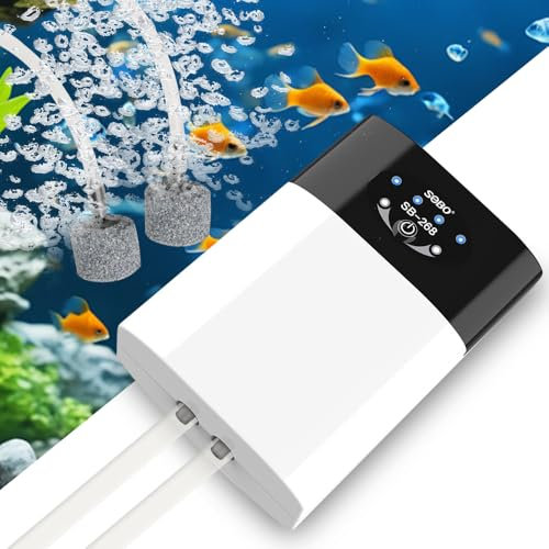 LYPPUL Luftpumpe Aquarium, Leise Sauerstoffpumpe Aquarium, Tragbare Leistungsstarke Belüfterpumpe mit 2 Luftaustritte, Leise Aquarium Luftpumpe Geeignet für 60CM Aquarium Zubehör, 2X3L/min Durchfluss