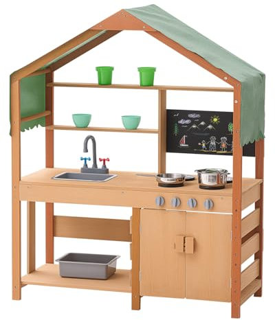 VEVOR Cuisine de boue pour enfants, 102 cm, ensemble cuisine en bois avec accessoires, jeu d'épicerie extérieur pour tout-petits, avec cuisinières, jardinières, évier, robinet, tableau noir, casserole
