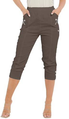 PixelKnit® Pantacourt 3/4 pour femme Cherry Berry Capri en coton élastique stretch Taille 38-52, moka, 42