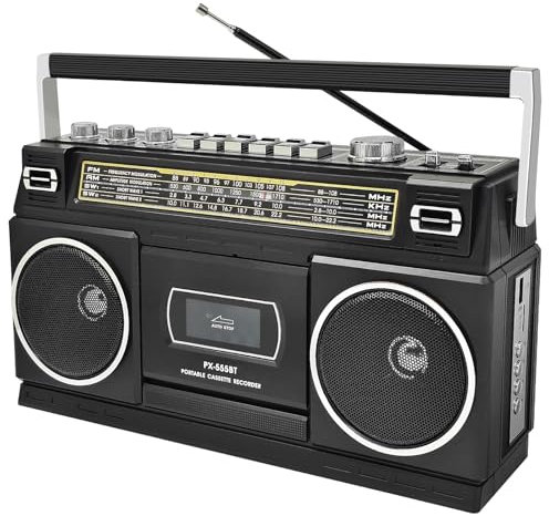 Reproductor de casete con Bluetooth y radio AM/FM/SW | Sonido estéreo portátil Boombox, grabadora de cinta, altavoces duales de 8 W, reproducción USB/TF, red eléctrica/alimentación de batería |