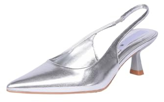 Slingback Donna Tacco Rocchetto 6 cm Cinturino alla Caviglia Decollette in Ecopelle Tinta Unita Tallone Scoperto Sottopiede Imbottito (Argento, Sistema Taglie Calzature EU, Adulto, Numero, Media, 36)