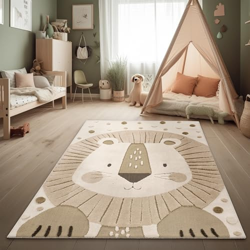 Paco Home Moqueta Habitación Infantil Alfombra de Juego Efecto High-Low Motivo León Suave Tacto Fácil Cuidado Moderna Minimalista Beige Crema Carbón, tamaño:160x220 cm