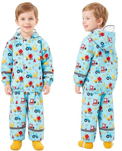Baogaier Tuta Impermeabile Bambino, Leggero Fodera in Rete Antipioggia Giacca & Pantaloni Impermeabili 2 Pezzi Set, Bambini Pioggia Completo Abbigliamento per Ragazzi 2-3 anni, Auto blu chiaro